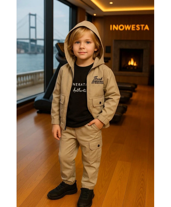 Erkek Çocuk Premium Softshell Kapüşonlu Üst Kalite Paraşüt Kumaş 3lü Takım