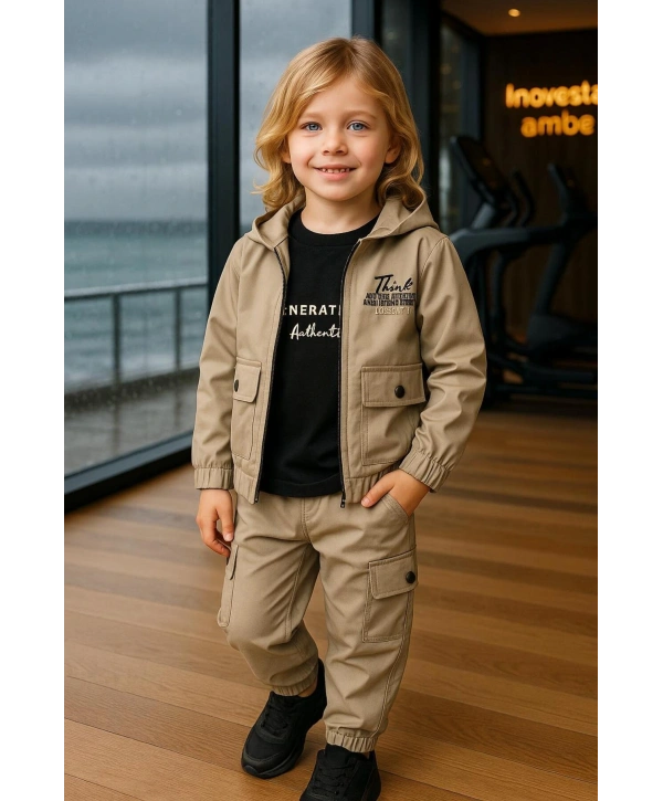 Erkek Çocuk Premium Softshell Kapüşonlu Üst Kalite Paraşüt Kumaş 3lü Takım