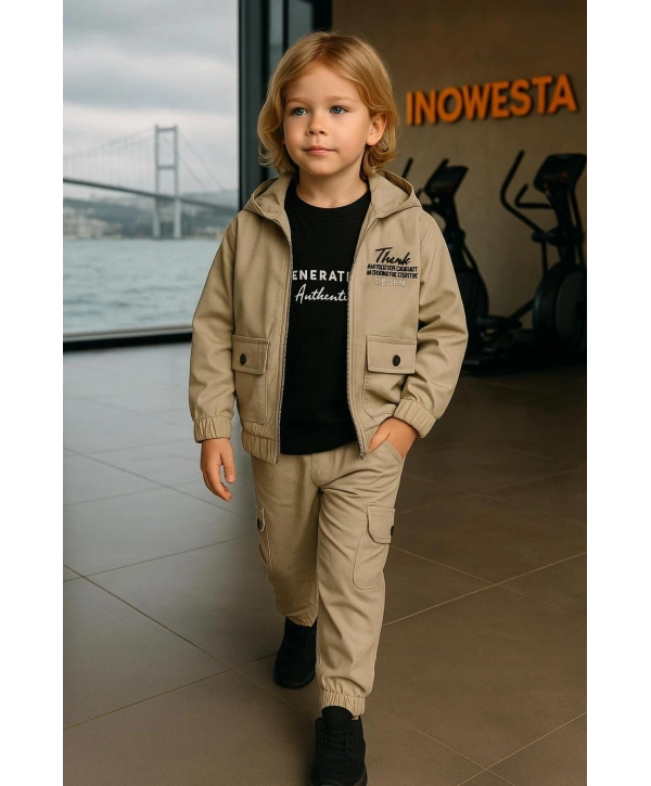 Erkek Çocuk Premium Softshell Kapüşonlu Üst Kalite Paraşüt Kumaş 3lü Takım