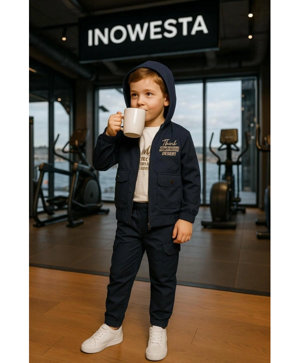 Erkek Çocuk Premium Softshell Kapüşonlu Üst Kalite Paraşüt Kumaş 3Lü Takım