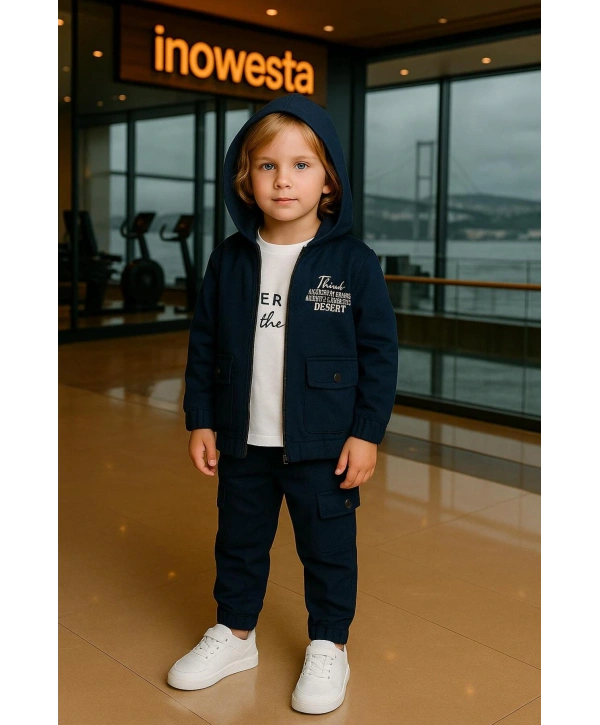 Erkek Çocuk Premium Softshell Kapüşonlu Üst Kalite Paraşüt Kumaş 3Lü Takım