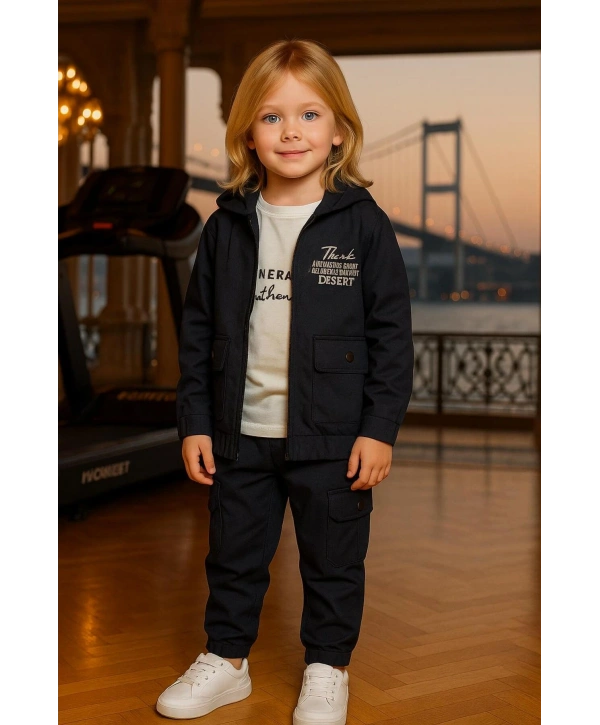 Erkek Çocuk Premium Softshell Kapüşonlu Üst Kalite Paraşüt Kumaş 3Lü Takım