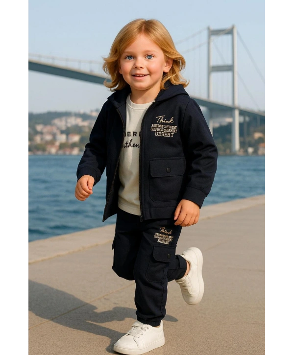 Erkek Çocuk Premium Softshell Kapüşonlu Üst Kalite Paraşüt Kumaş 3Lü Takım