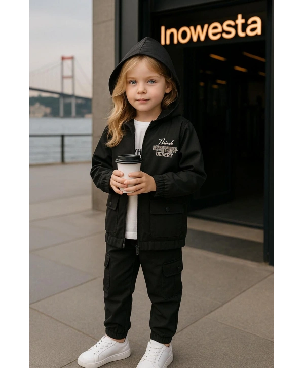 Erkek Çocuk Softshell Kapüşonlu Üst Kalite Paraşüt Kumaş 3Lü Takım