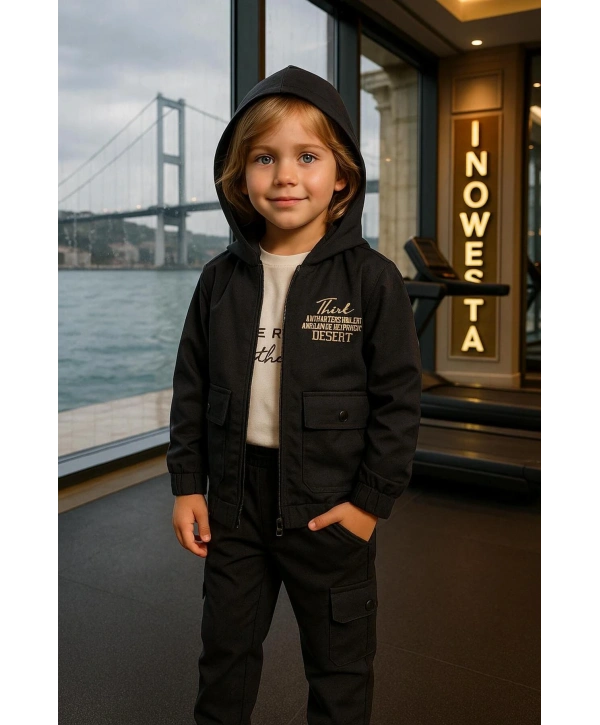 Erkek Çocuk Softshell Kapüşonlu Üst Kalite Paraşüt Kumaş 3Lü Takım