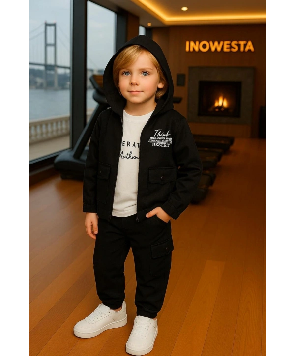 Erkek Çocuk Softshell Kapüşonlu Üst Kalite Paraşüt Kumaş 3Lü Takım