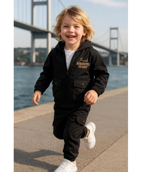 Erkek Çocuk Softshell Kapüşonlu Üst Kalite Paraşüt Kumaş 3Lü Takım