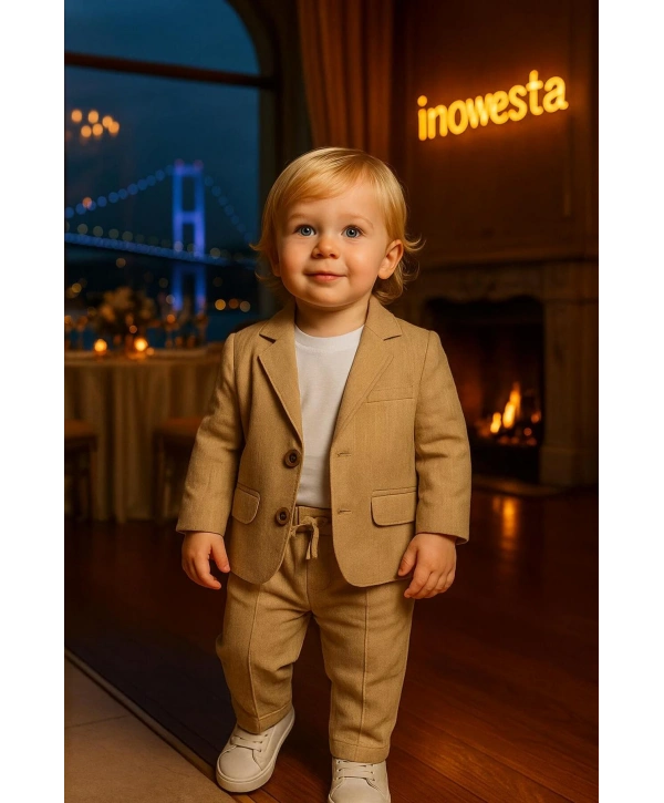 Erkek Bebek&Çocuk %100 PAMUK-Keten Salaş Ceket T-shirt Pantolon Üçlü Spor Takım Elbise 3’Parça