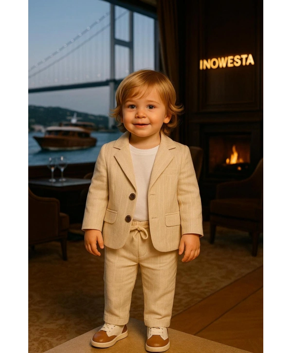 Erkek Bebek&Çocuk %100 PAMUK-Keten Salaş Ceket T-shirt Pantolon Üçlü Spor Takım Elbise 3’Parça