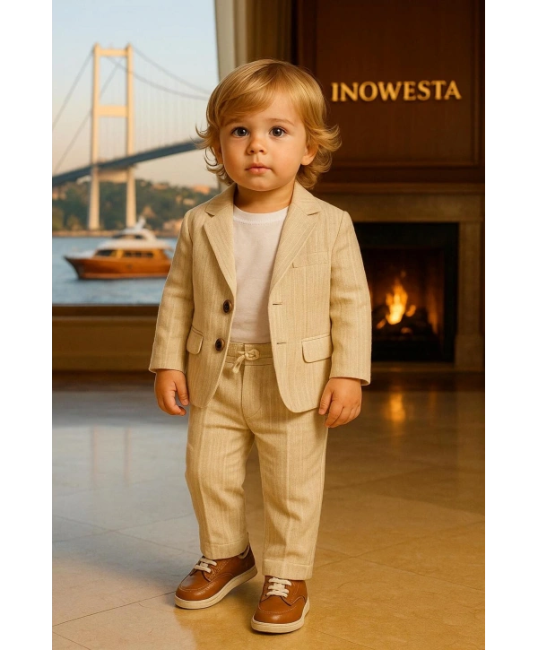 Erkek Bebek&Çocuk %100 PAMUK-Keten Salaş Ceket T-shirt Pantolon Üçlü Spor Takım Elbise 3’Parça