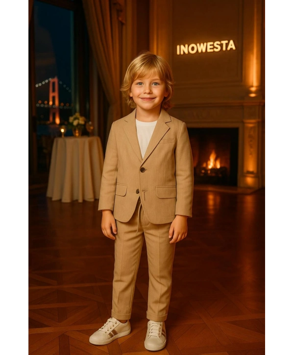 Erkek Çocuk ÜST KALİTE %100 PAMUK-Keten Salaş Ceket T-shirt Pantolon Üçlü Spor Takım Elbise 3’Parça