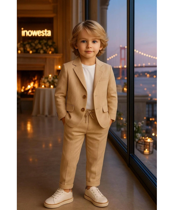 Erkek Çocuk ÜST KALİTE %100 PAMUK-Keten Salaş Ceket T-shirt Pantolon Üçlü Spor Takım Elbise 3’Parça