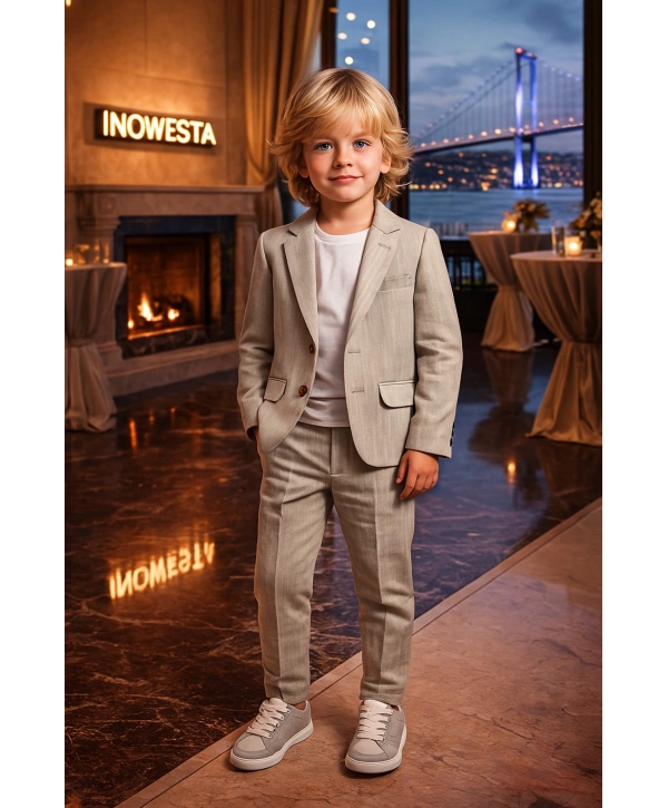 Erkek Çocuk ÜST KALİTE %100 PAMUK-Keten Salaş Ceket T-shirt Pantolon Üçlü Spor Takım Elbise 3’Parça