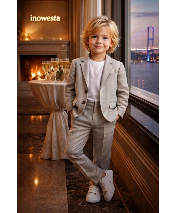 Erkek Çocuk ÜST KALİTE %100 PAMUK-Keten Salaş Ceket T-shirt Pantolon Üçlü Spor Takım Elbise 3’Parça