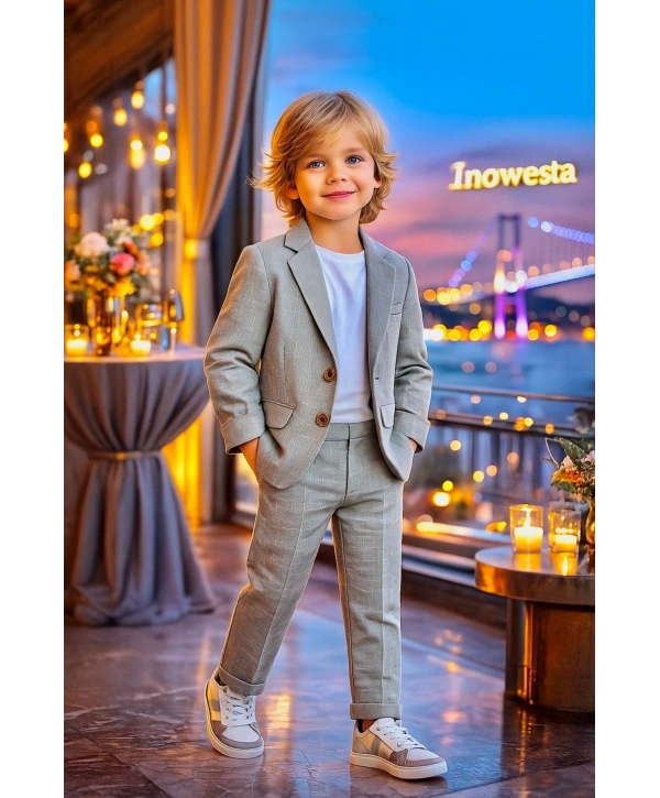 Erkek Çocuk ÜST KALİTE %100 PAMUK-Keten Salaş Ceket T-shirt Pantolon Üçlü Spor Takım Elbise 3’Parça