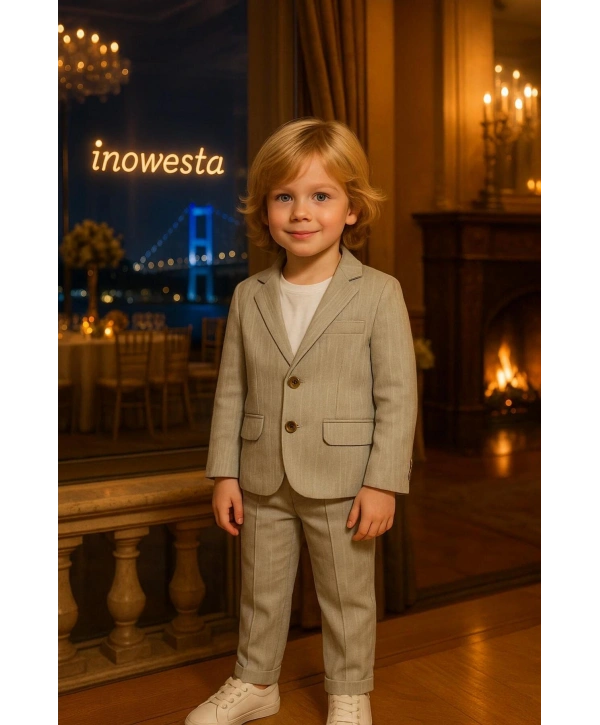 Erkek Çocuk ÜST KALİTE %100 PAMUK-Keten Salaş Ceket T-shirt Pantolon Üçlü Spor Takım Elbise 3’Parça