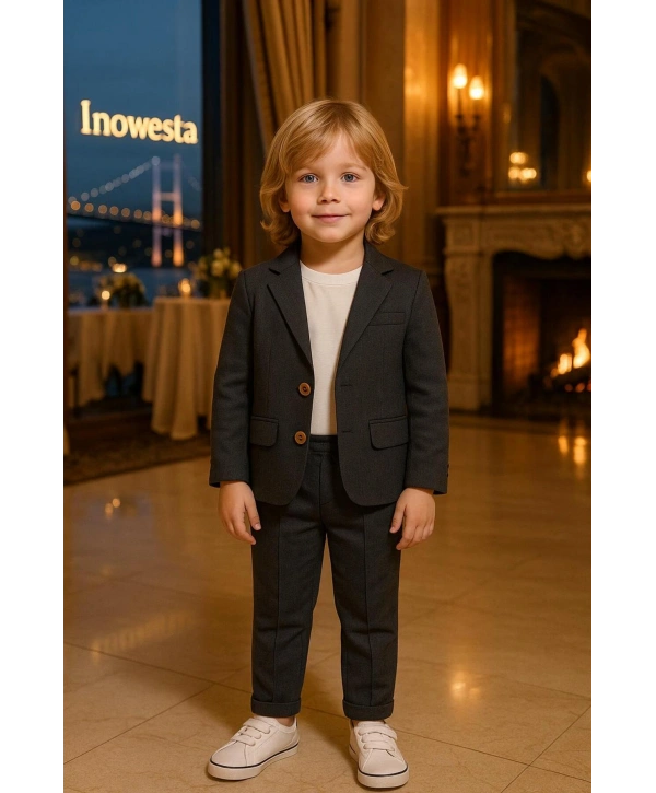 Erkek Çocuk ÜST KALİTE %100 PAMUK-Keten Salaş Ceket T-shirt Pantolon Üçlü Spor Takım Elbise 3’Parça