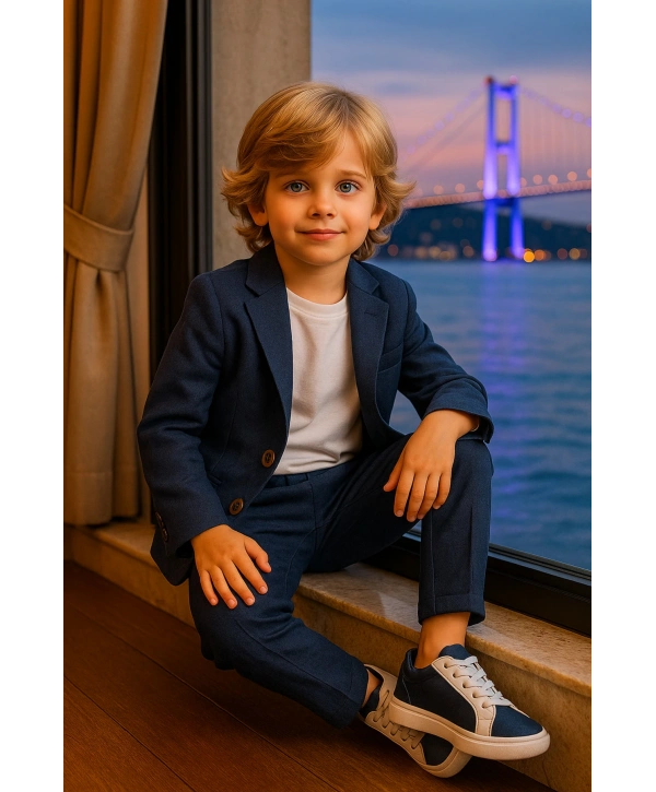 Erkek Çocuk ÜST KALİTE %100 PAMUK-Keten Salaş Ceket T-shirt Pantolon Üçlü Spor Takım Elbise 3’Parça