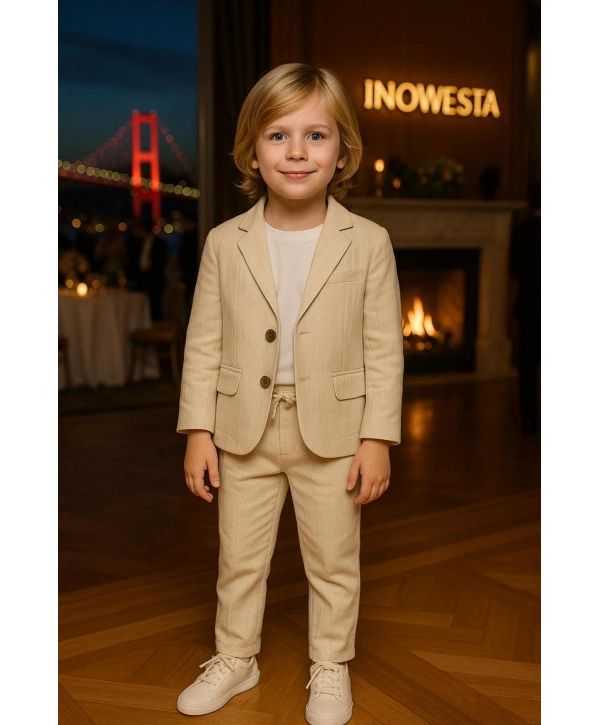 Erkek Çocuk ÜST KALİTE %100 PAMUK-Keten Salaş Ceket T-shirt Pantolon Üçlü Spor Takım Elbise 3’Parça