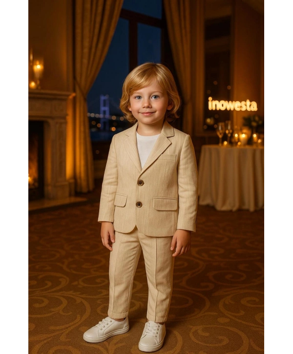 Erkek Çocuk ÜST KALİTE %100 PAMUK-Keten Salaş Ceket T-shirt Pantolon Üçlü Spor Takım Elbise 3’Parça