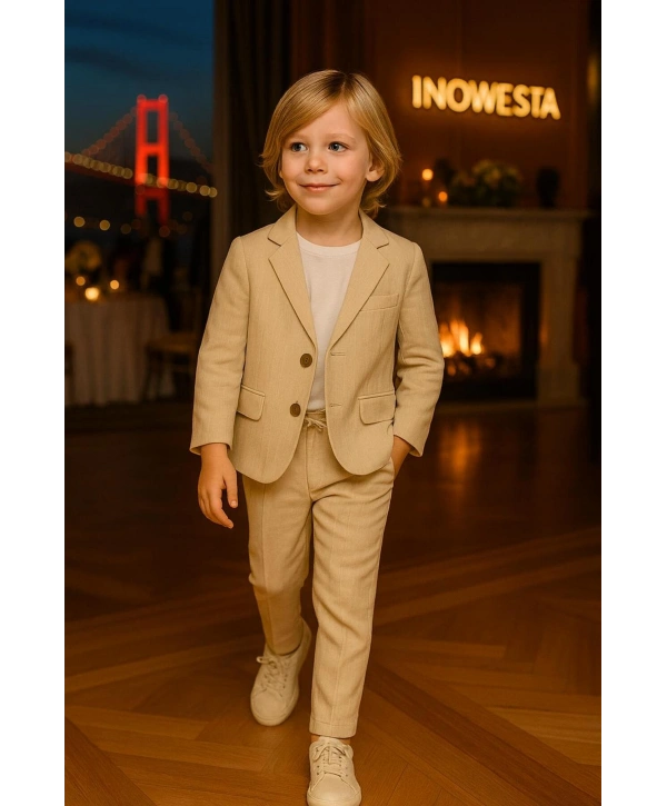 Erkek Çocuk ÜST KALİTE %100 PAMUK-Keten Salaş Ceket T-shirt Pantolon Üçlü Spor Takım Elbise 3’Parça