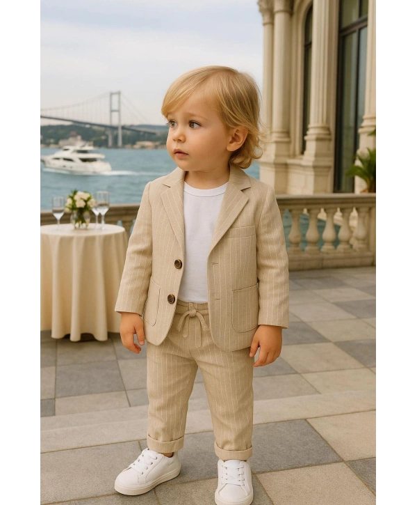 Erkek Bebek&Çocuk %100 PAMUK-Keten Salaş Ceket T-shirt Pantolon Üçlü Spor Takım Elbise 3’Parça