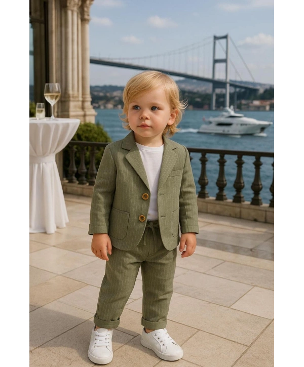 Erkek Bebek&Çocuk %100 PAMUK-Keten Salaş Ceket T-shirt Pantolon Üçlü Spor Takım Elbise 3’Parça