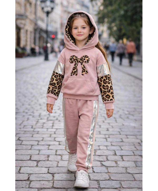 Mevsimlik Kız Çocuk İki İplik %100 Pamuk Üst Kalite Kapşonlu Leopar Desen Lüx Eşofman Takım