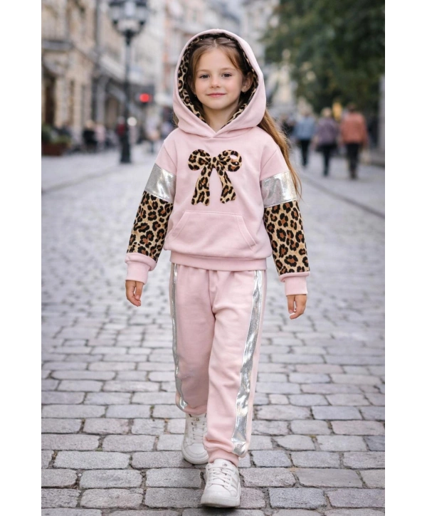 Mevsimlik Kız Çocuk İki İplik %100 Pamuk Üst Kalite Kapşonlu Leopar Desen Lüx Eşofman Takım
