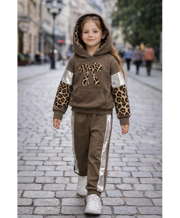 Mevsimlik Kız Çocuk İki İplik %100 Pamuk Üst Kalite Kapşonlu Leopar Desen Lüx Eşofman Takım