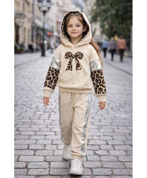 Mevsimlik Kız Çocuk İki İplik %100 Pamuk Üst Kalite Kapşonlu Leopar Desen Lüx Eşofman Takım