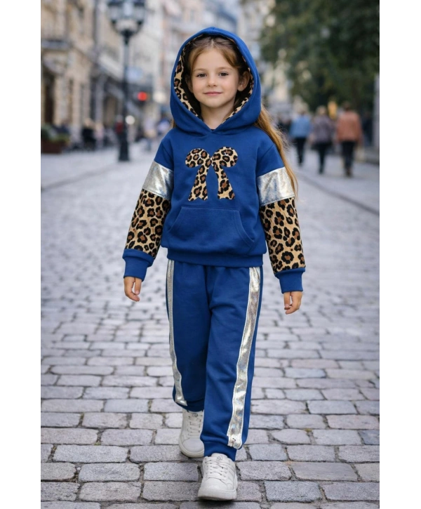 Mevsimlik Kız Çocuk İki İplik %100 Pamuk Üst Kalite Kapşonlu Leopar Desen Lüx Eşofman Takım