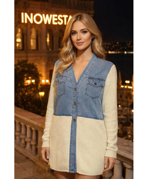 Kadın Kot Ve Triko Detaylı Hırka Üst Kalite Mevsimlik