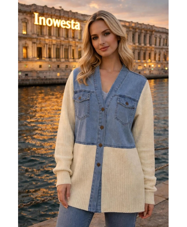 Kadın Kot Ve Triko Detaylı Hırka Üst Kalite Mevsimlik