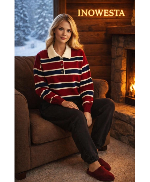 Kadın Polo Yaka TRiko SweatShırt ve kışlık Üç ip Eşofman Altı İkili Takım 2parça