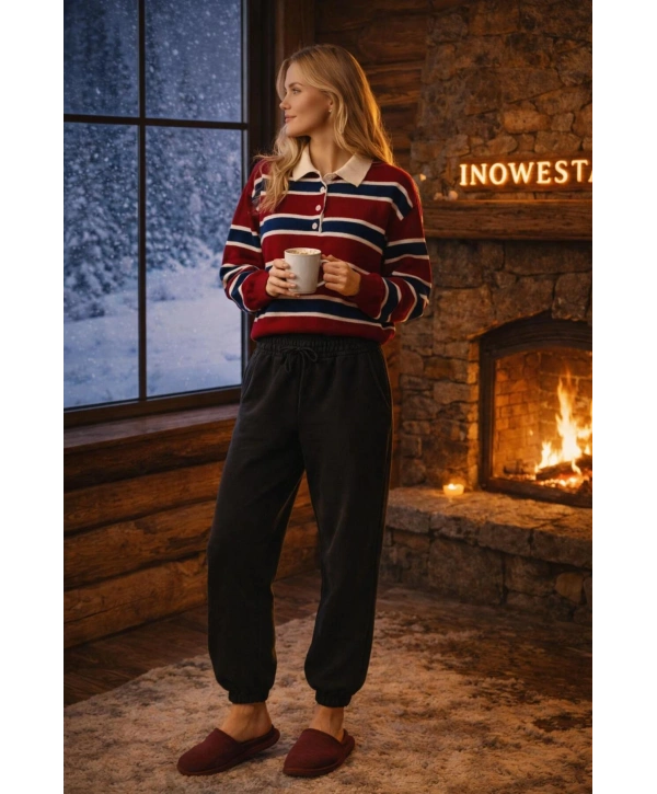 Kadın Polo Yaka TRiko SweatShırt ve kışlık Üç ip Eşofman Altı İkili Takım 2parça