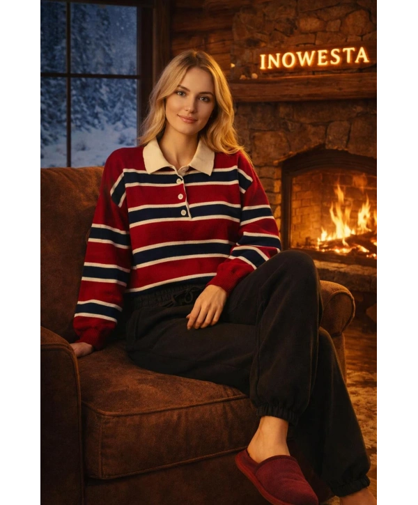 Kadın Polo Yaka TRiko SweatShırt ve kışlık Üç ip Eşofman Altı İkili Takım 2parça