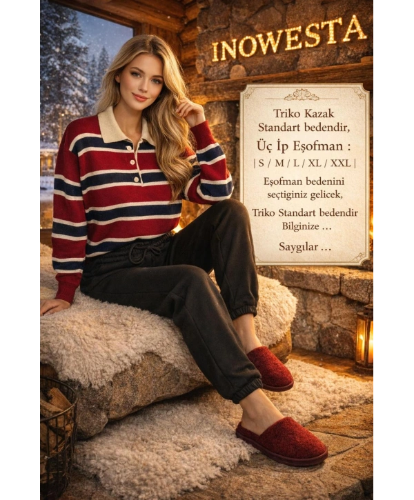 Kadın Polo Yaka TRiko SweatShırt ve kışlık Üç ip Eşofman Altı İkili Takım 2parça