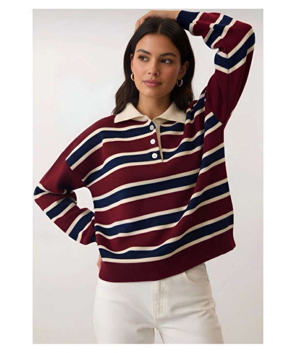 KADIN ÇİZGİLİ POLO YAKA TRİKO SWEATSHIRT