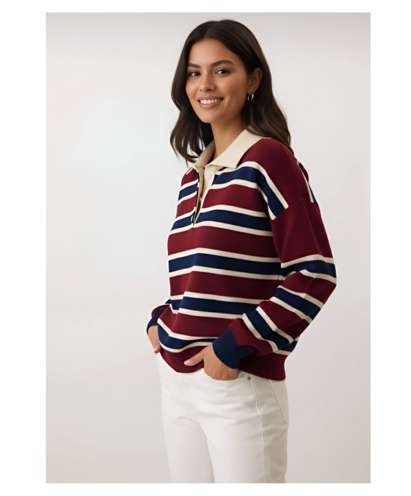 KADIN ÇİZGİLİ POLO YAKA TRİKO SWEATSHIRT