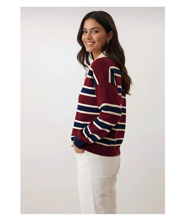 KADIN ÇİZGİLİ POLO YAKA TRİKO SWEATSHIRT