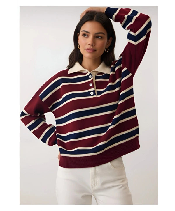 KADIN ÇİZGİLİ POLO YAKA TRİKO SWEATSHIRT
