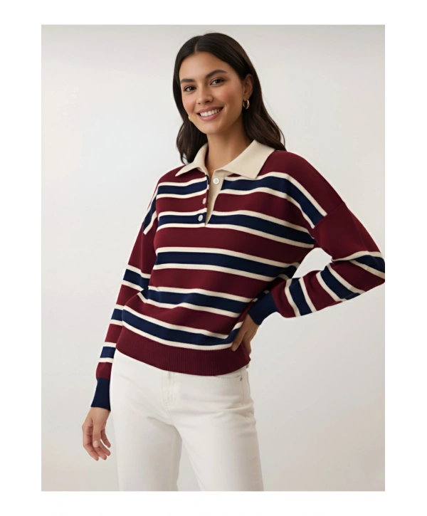 KADIN ÇİZGİLİ POLO YAKA TRİKO SWEATSHIRT