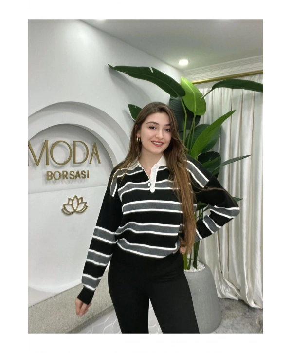 KADIN ÇİZGİLİ POLO YAKA TRİKO SWEATSHIRT