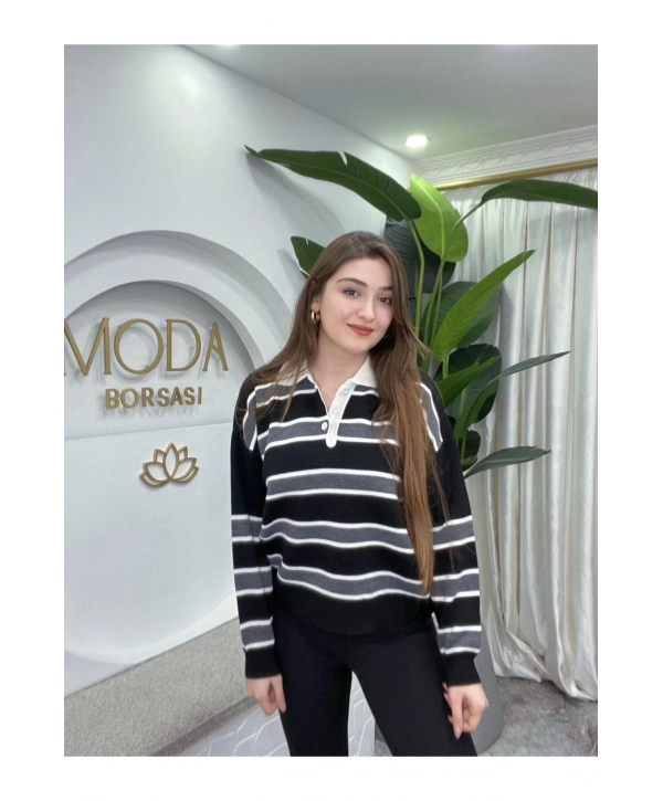 KADIN ÇİZGİLİ POLO YAKA TRİKO SWEATSHIRT