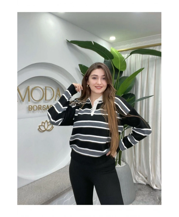 KADIN ÇİZGİLİ POLO YAKA TRİKO SWEATSHIRT