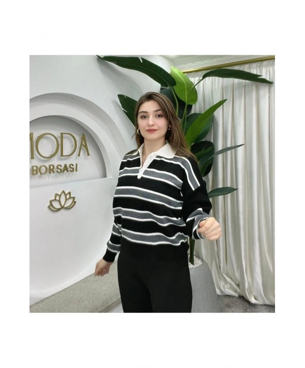 KADIN ÇİZGİLİ POLO YAKA TRİKO SWEATSHIRT