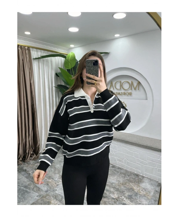 KADIN ÇİZGİLİ POLO YAKA TRİKO SWEATSHIRT