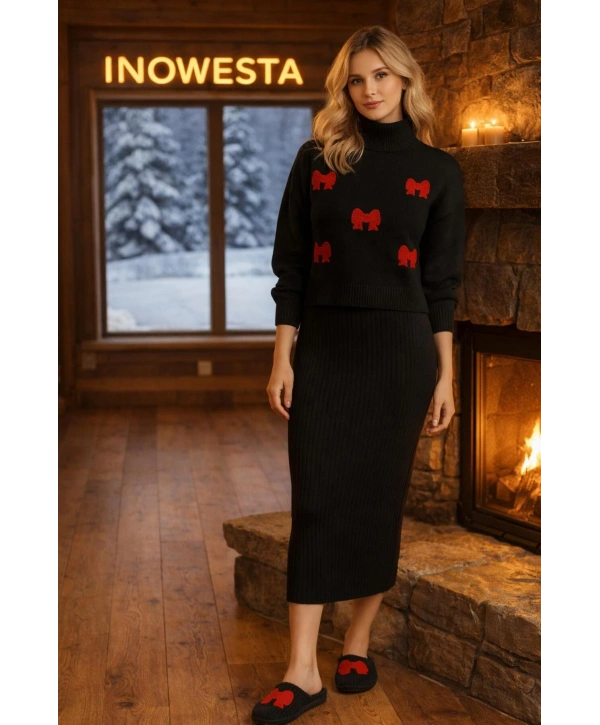 Kadın Triko Yarım Boğazlı Kazak Ve Elbise Süzine Fiyonk desen Nakışlı 2Parça Takım