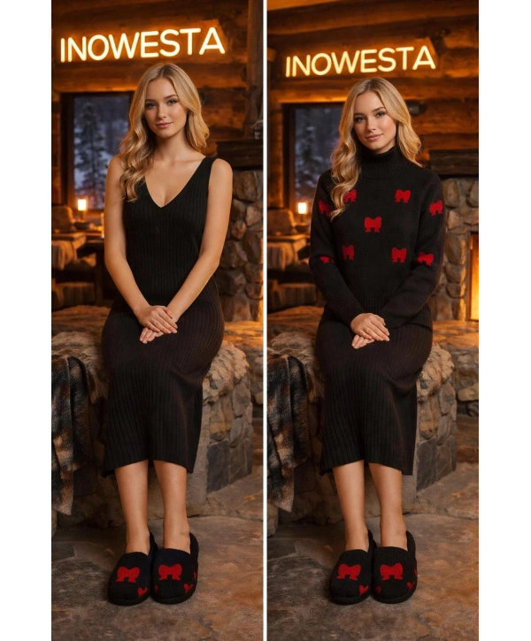 Kadın Triko Yarım Boğazlı Kazak Ve Elbise Süzine Fiyonk desen Nakışlı 2Parça Takım